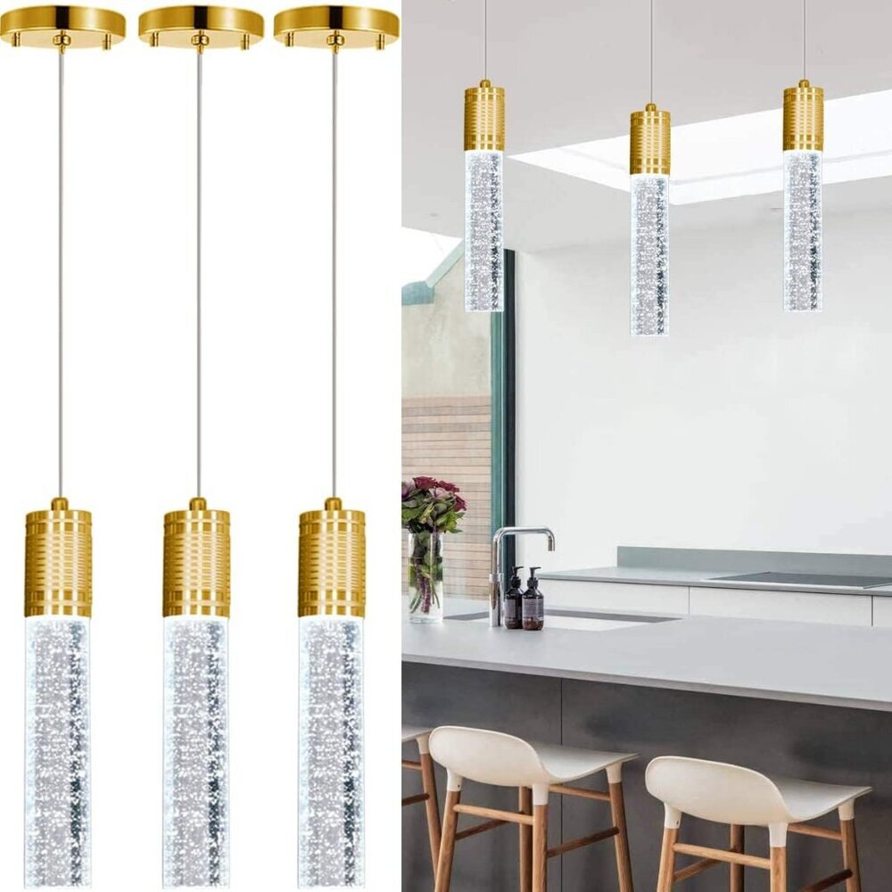 Set of 3 Pendant Lights for Kitchen Island, White Light, Gold Crystal Linear Pen